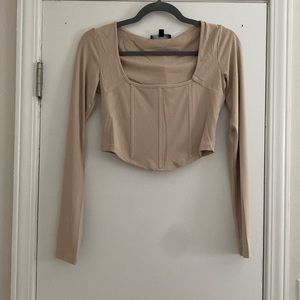 Beige Ribbed Long Sleeve Bustier Crop Top 💋